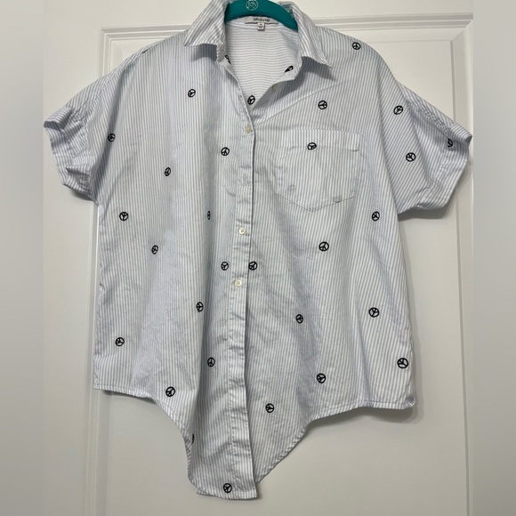 Madewell Embroidered Oversized Peace Sign Short Sleeve Tie Front Striped Shirt - Picture 7 of 13